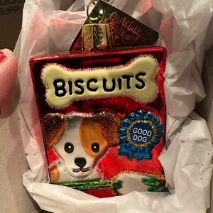 Old World Glass Blown Dog Biscuit Ornament - Red and White